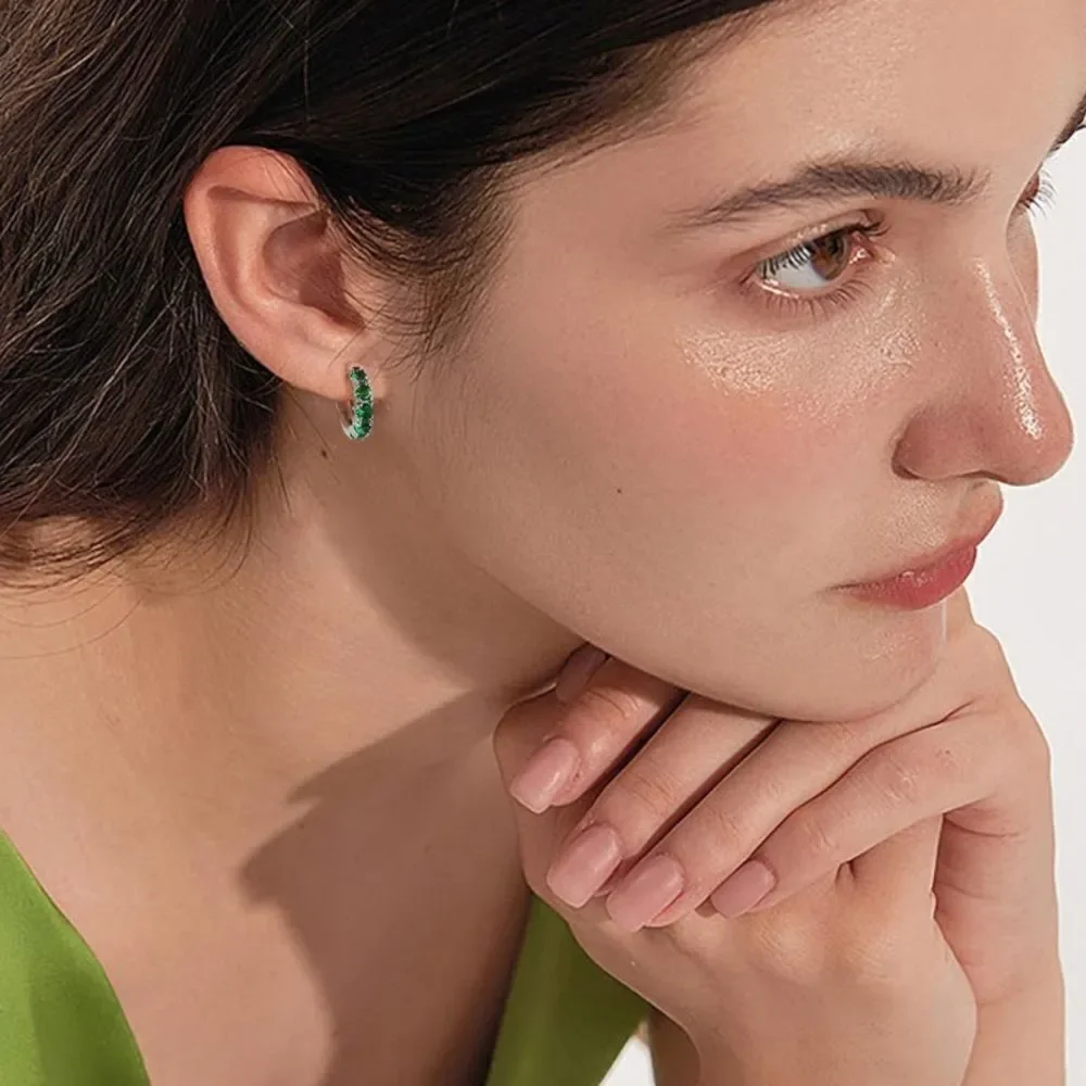 14K White Gold 925 Sterling Silver Emerald Green Cubic Zirconia Huggie Earrings